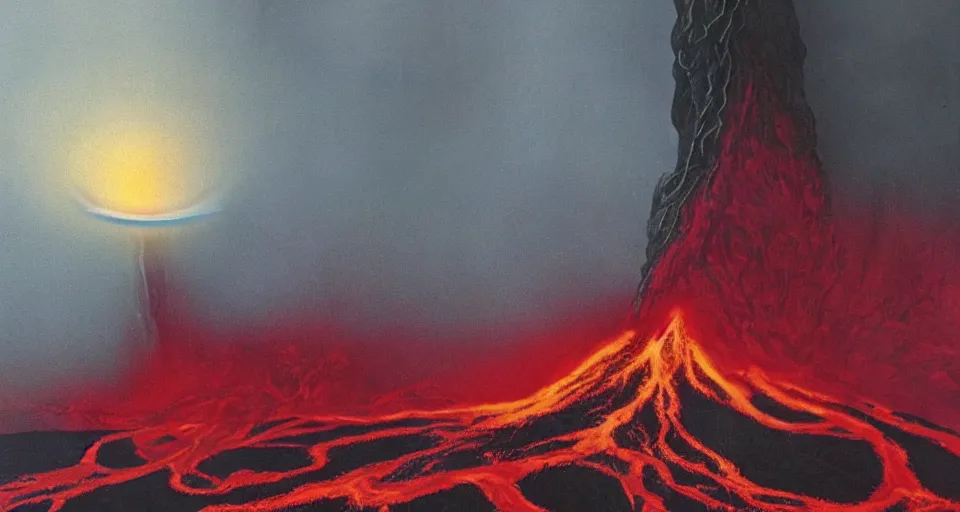 Prompt: a volcano made of ivory vines and crimson rocks enters in eruption, it spits a smoke in the shape of demonic eye, by David A. Hardy