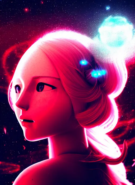 Prompt: highly detailed portrait of a hopeful pretty astronaut lady with a wavy blonde hair, by Beeple, 4k resolution, nier:automata inspired, bravely default inspired, vibrant but dreary but upflifting red, black and white color scheme!!! ((Space nebula background))