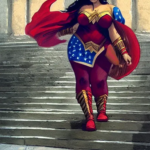 Image similar to a portrait obese indian woman dressed as wonder woman on steps in Porto, detailed, art station, greg rutkowski