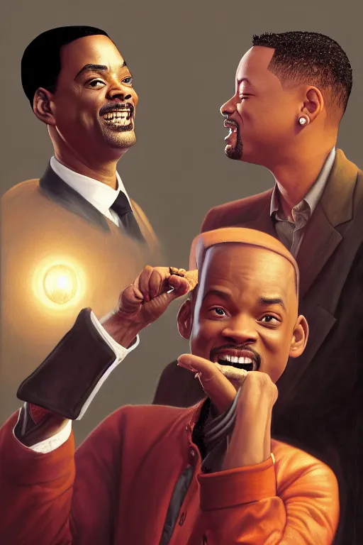 Image similar to Chris Rock Slapping Will Smith’s Face In Front of A- List Celebrities At A Midget Convention, illustration, soft lighting, soft details, painting oil on canvas by Edmund Blair Leighton and Charlie Bowater octane render, HDR, trending on artstation, 4k, 8k, HD