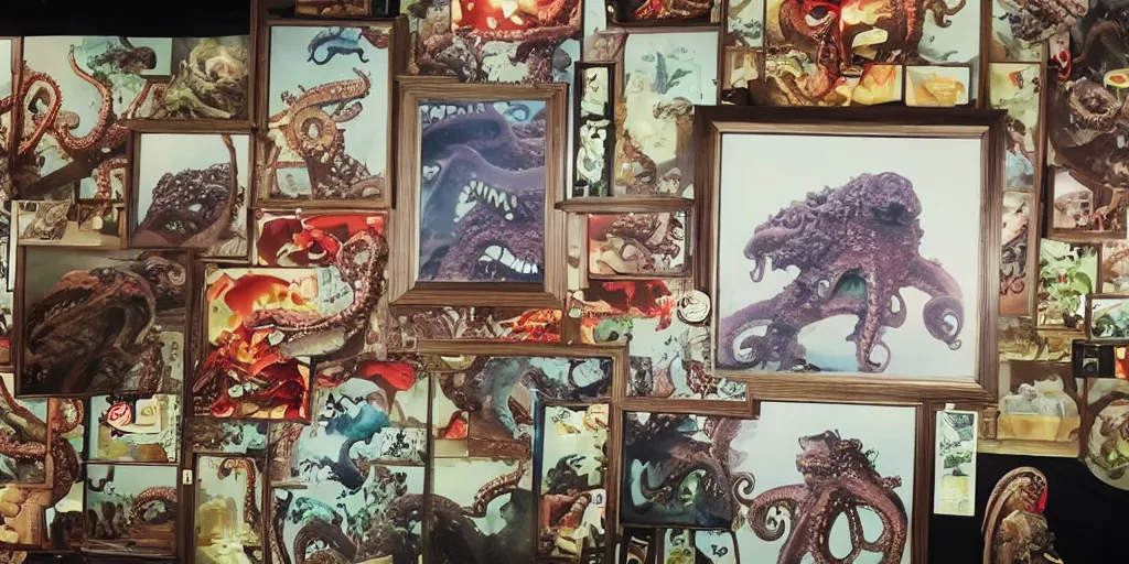 Image similar to photo of chubby godzilla eating octopus monster, in an epic kaiju restaurant willed with framed pictures of past monsters