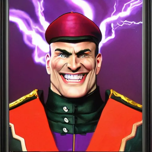 Image similar to M. Bison laughing with big white smile, full body portrait, surrounded by purple lightning, highly detailed painting, concept art