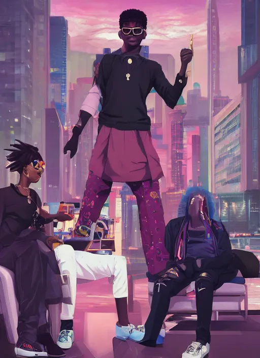 Image similar to afro - futurist gangstas, lavish lifestyle and money, fashionable, jacking the metaverse | hyperrealistic oil painting | by makoto shinkai, ilya kuvshinov, lois van baarle, rossdraws | afrofuturism, in the style of boondocks, trending on artstation | dark color scheme