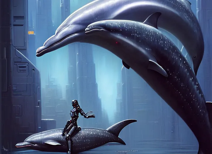 Image similar to wideangle!! portrait shot of a cyberpunk dolphin with robotic implants in star wars, intricate, elegant, highly detailed, centered, digital painting, artstation, concept art, smooth, sharp focus, illustration, artgerm, tomasz alen kopera, peter mohrbacher, donato giancola, joseph christian leyendecker, wlop, boris vallejo