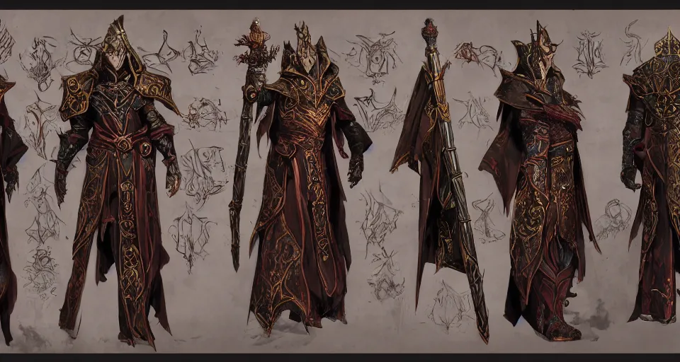 Image similar to A full color character sheet with front, back and side views of an evil Sorcerer n ornamental robes with glowing runes on fabric, holding a tall glowing ornate intricate magical staff, video game concept art by Wizards of the Coast, Magic The Gathering, Blizzard, Games Workshop, Greg Rutkowski, Craig Mullins, WETA, Elder Scrolls.