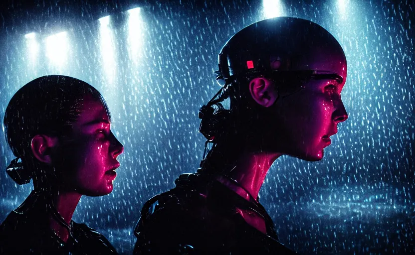 Image similar to cinestill 5 0 d candid photographic portrait by steven spielberg of two loving female androids sobbing wearing rugged black mesh techwear in treacherous waters, flooded city, medium closeup, retrofuturism cyberpunk moody emotional cinematic, pouring iridescent rain bright spotlight helicopter, 8 k, hd, high resolution, 3 5 mm, f / 3 2, ultra realistic faces, ex machina