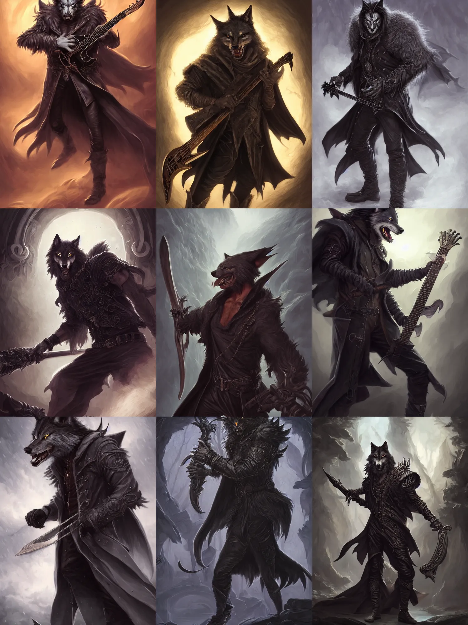 Prompt: picture of male lycan wolf bard, jet black trenchcoat, big guitar, high fantasy, highly detailed, detailed faces, smooth, sharp focus, chiaroscuro, dnd, digital painting, concept art, rossdraws and moebius and jon mcnaughton