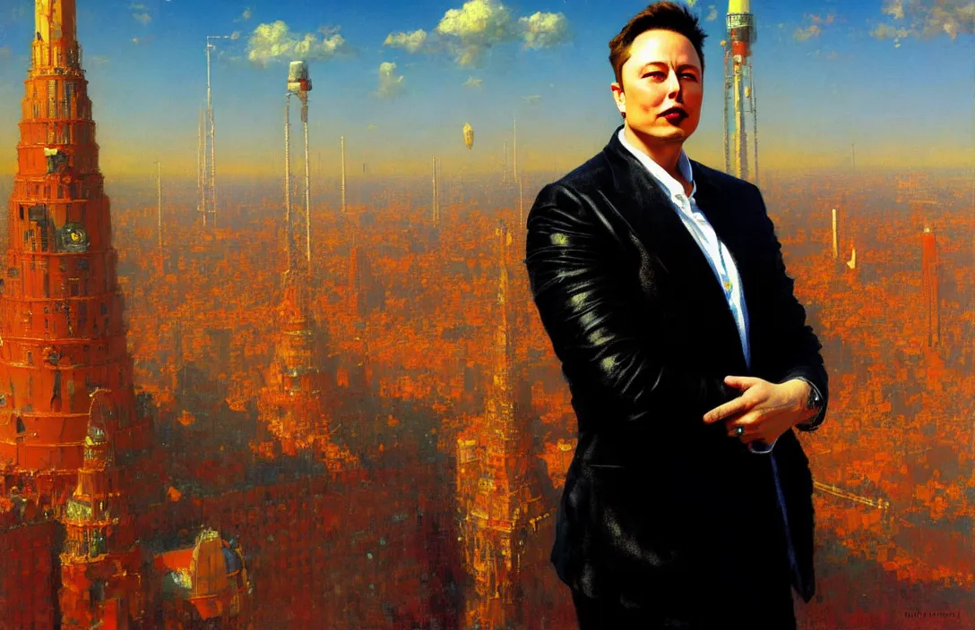 Image similar to portrait of elon musk!!!!!!!!!!!!!!!!!!!!!!!!!!!, detailed face, detailed painting, detailed city background, epic lighting, by ilya repin and phil hale