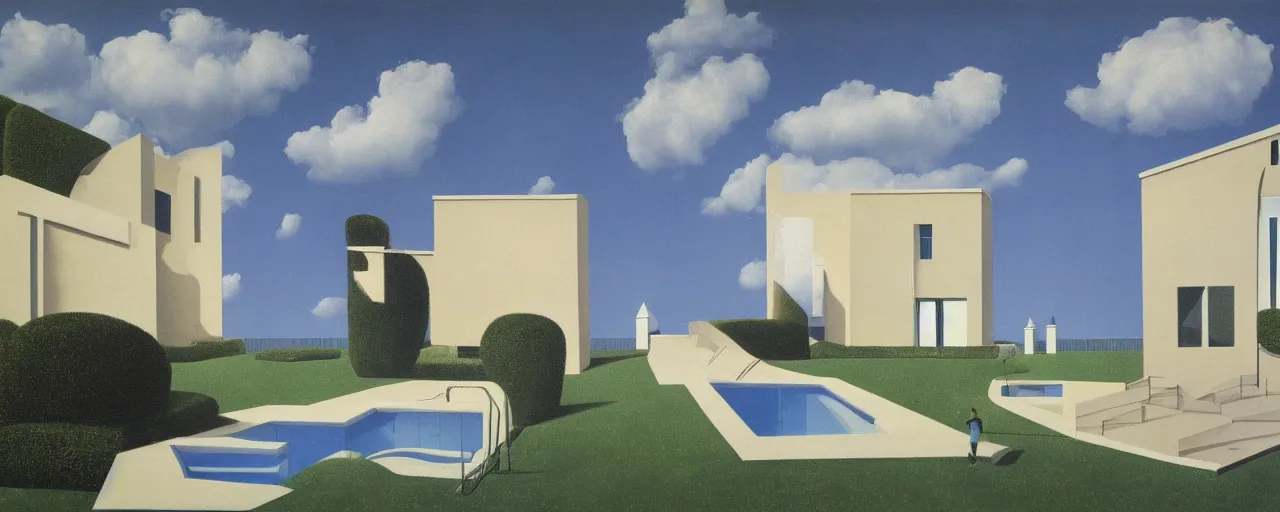 Image similar to contemporary house with pool in the front, full height windows, concept art, surrealist, rene magritte