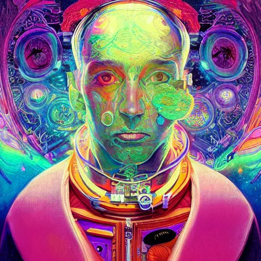 Image similar to An extremely psychedelic experience, colorful, surreal, dramatic lighting, cosmonaut, LSD, face, detailed, intricate, elegant, highly detailed, digital painting, artstation, concept art, smooth, sharp focus, illustration, art by Sam Spratt, Dan Mumford, Artem Demura and Alphonse Mucha