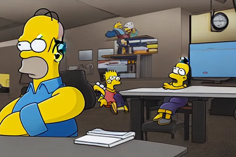 Prompt: Homer Simpson sits at the office table and monitors the fall of Bitcoin and is angry, CryEngine