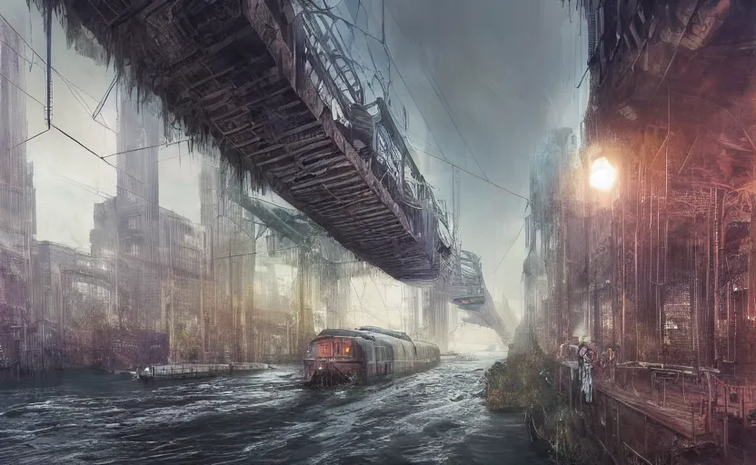 Image similar to An urban train rides inside of a waterway on a fantasy city, hyperrealistic mixed media, stunning 3d render inspired art by P. Craig Russell and Barry Windsor-Smith + perfect facial symmetry + dim volumetric lighting, 8k octane beautifully detailed render, post-processing, extremely hyperdetailed, intricate futuristic mechanic parts, epic composition, grim yet sparkling atmosphere, cinematic lighting + masterpiece, trending on artstation