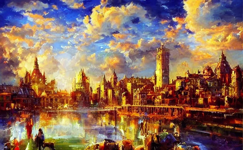 Prompt: Beautiful alchemy cityscpae, a big saturn is in the sky. By Konstantin Razumov, highly detailded