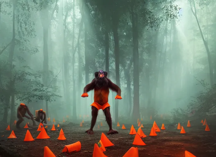 Image similar to dozens of orange safety cones are spread around a beautiful strange forest, a man in a hairy gorrilla costume sri lankan mahasona yaka devil beast in a mask dances in ritual in the center distance, cinematic painting by james jean, atomspheric lighting, moody lighting, dappled light, detailed, digital art, limited color palette, wes anderson, artstation