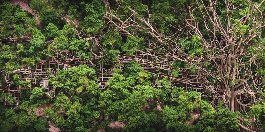 Image similar to a vast treehouse city built in an ancient forest, rope bridges, 8 k, shallow depth of field, intricate detail,