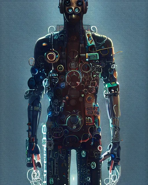 Image similar to cyberpunk man made of metallic wires and carbon fiber, photorealism, peter mohrbacher, artstation