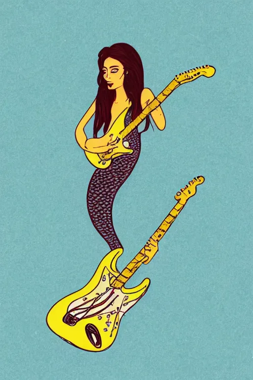 Image similar to illustration of a mermaid playing an stratocaster electric guitar, surf art