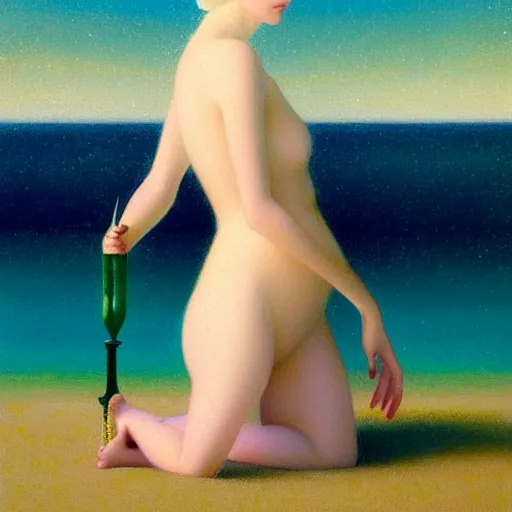 Prompt: a ultradetailed beautiful painting of a young german australian woman at a beach by hsiao ron cheng, ngai victo, nivanh chanthara jean delville wlop and dougherty patrick, trending onv artstation, light sparkles, major arcana sky, sharp focus, soft light