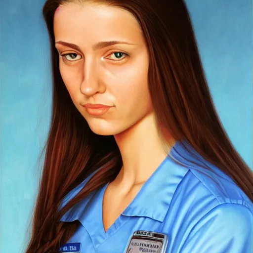 Prompt: a beautiful portrait of a tired, sickly, thin young woman with thinning long brown hair, wearing scrubs by greg hildebrandt