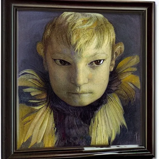 Prompt: the young robot prince with his feathered bird mask, by annie swynnerton and diego rivera and elihu vedder, symbolist, dramatic lighting, elaborate geometric ornament, head and shoulders view, art brut, soft cool colors, smooth, sharp focus, extremely detailed, adolf wolfli, donato giancola