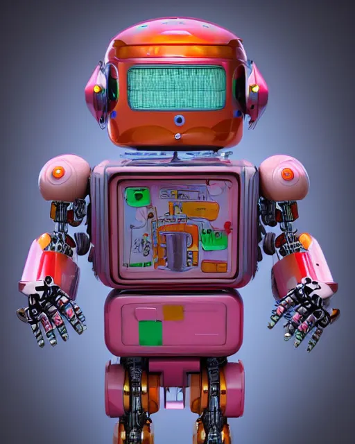 Prompt: cute elaborate robot, candy colors, pinball machine parts, symmetrical, octane render, 3 d model, detailed by pokedstudio