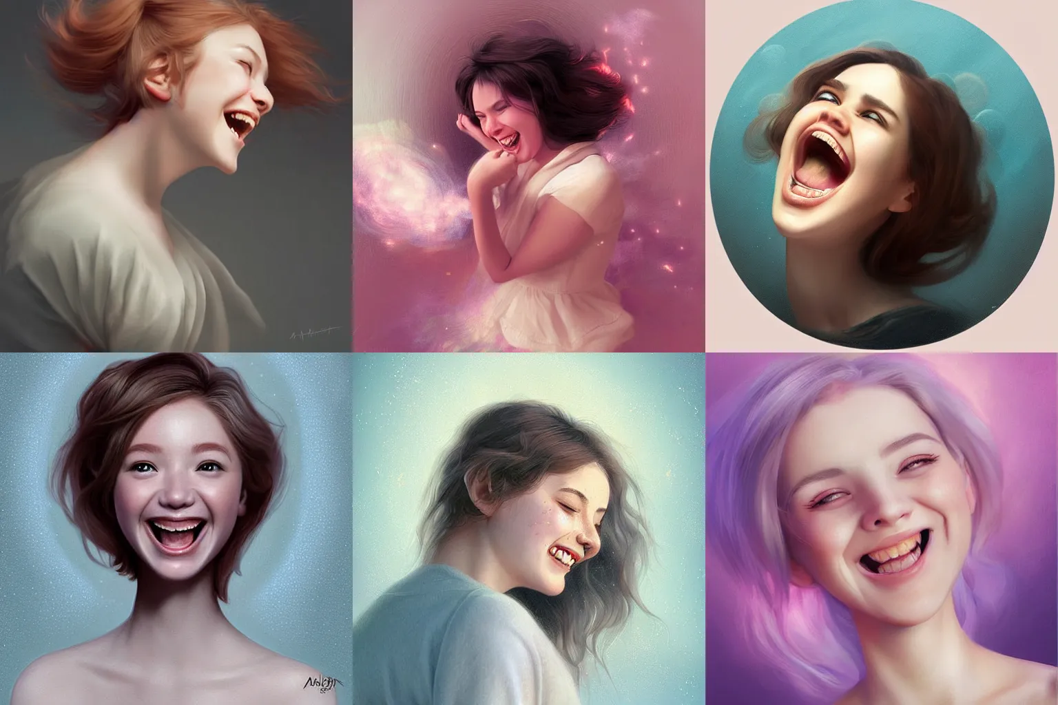 Prompt: portrait of a person laughing, soft round bubbly whimsical digital illustration, art by Artgerm, painting by Albert Edelfelt