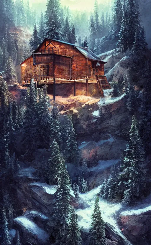 Image similar to cabin high on a mountain, the valley beneath, dynamic lighting, photorealistic fantasy concept art, trending on art station, stunning visuals, creative, cinematic, ultra detailed