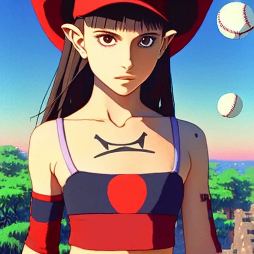 Image similar to beautiful boyish natalie portman gravure model in majora's mask, wearing wooden mask and baseball cap and leotard, street wear with subtle mayan patterns, aztec bathing suit, gapmoe yandere grimdark, trending on pixiv fanbox, painted by greg rutkowski makoto shinkai takashi takeuchi studio ghibli, akihiko yoshida