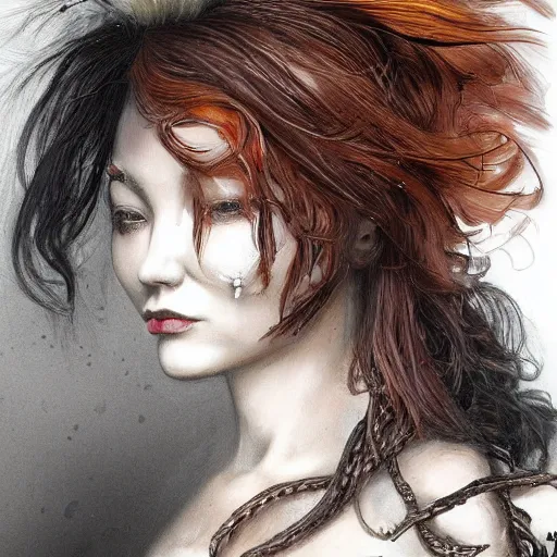 Image similar to portrait of a Shibari rope wrapped face and neck, headshot, insanely nice professional hair style, dramatic hair color, digital painting, of a old 17th century, old cyborg merchant, amber jewels, baroque, ornate clothing, scifi, realistic, hyperdetailed, chiaroscuro, concept art, art by Franz Hals and Jon Foster and Ayami Kojima and Amano and Karol Bak,