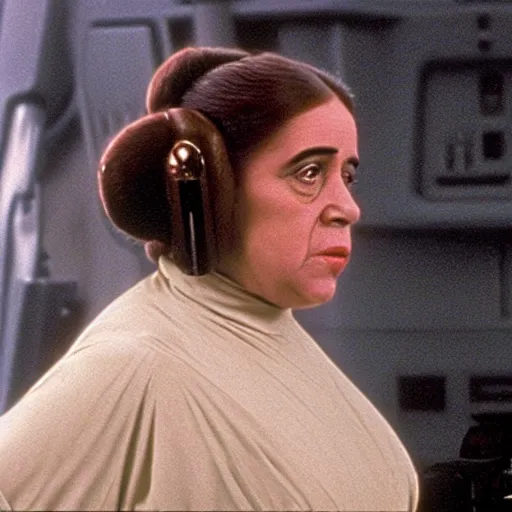 Image similar to a film still of danny devito as princess leia, star wars