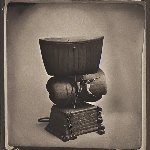 Image similar to Tintype photography of exotic objects, magic objects, ethnographic museum, indigenous, salvaje, nature and culture, 1920s studio lighting.