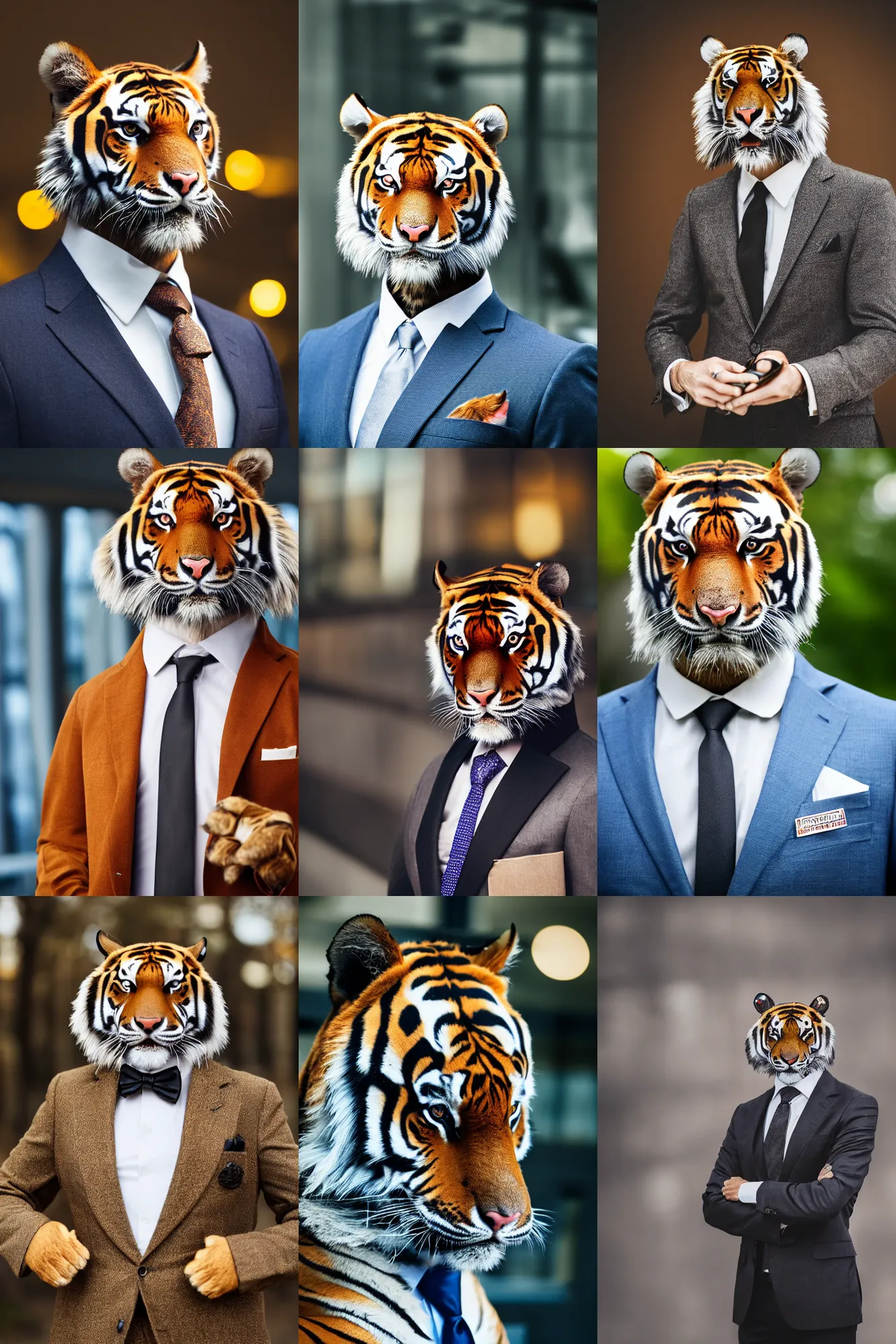 Prompt: high quality portrait photo of an industrialist tiger dressed in a dark business suit and tie, Anthropomorphic, photography 4k, f1.8 bokeh, 4k, 85mm lens, sharp eyes