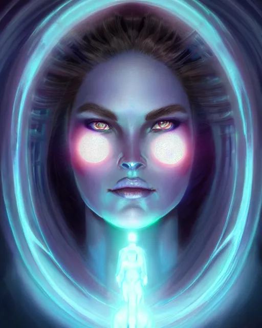 Image similar to epic fantasy render portrait of a beautiful bioluminescent woman with glowing eyes, dark retrowave, highly detailed, digital painting, cinematic, hyperrealism, rpg portrait, dynamic lighting, art by boris vallejo and julie bell and magali villeneuve and alphonse mucha, artstation, octane render, cgsociety