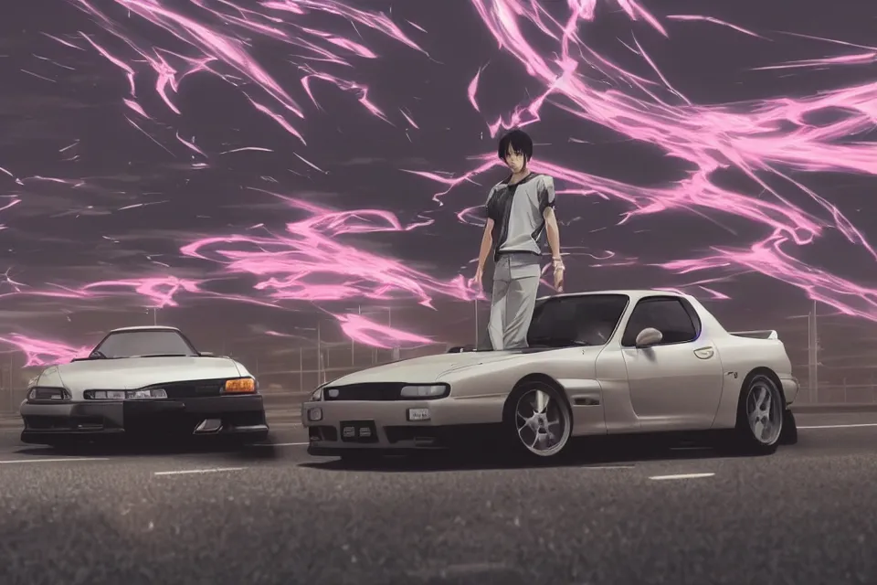 Image similar to aesthetic illustration of ryosuke takahashi with black hair, standing by his glossy white mazda rx 7 on an empty highway at dusk, cinematic lighting, initial d anime 1 0 8 0 p, detailed anime face, high detail, 9 0 s anime aesthetic, volumetric lights, rule of thirds, unreal engine 5 render, pinterest wallpaper, trending on artstation