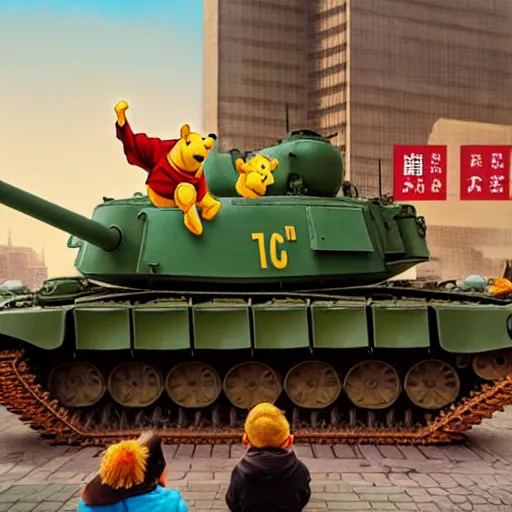 Image similar to winnie the pooh protesters sit down in front of tank at tiananman square, cute and cuddly, highly detailed, photorealistic, octane render, 8 k, unreal engine. art by artgerm and greg rutkowski and alphonse mucha