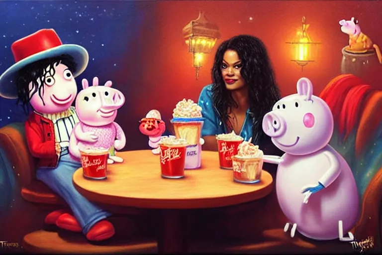 Prompt: michael jackson sharing a milkshake with peppa pig late night, an oil painting by ross tran and thomas kincade