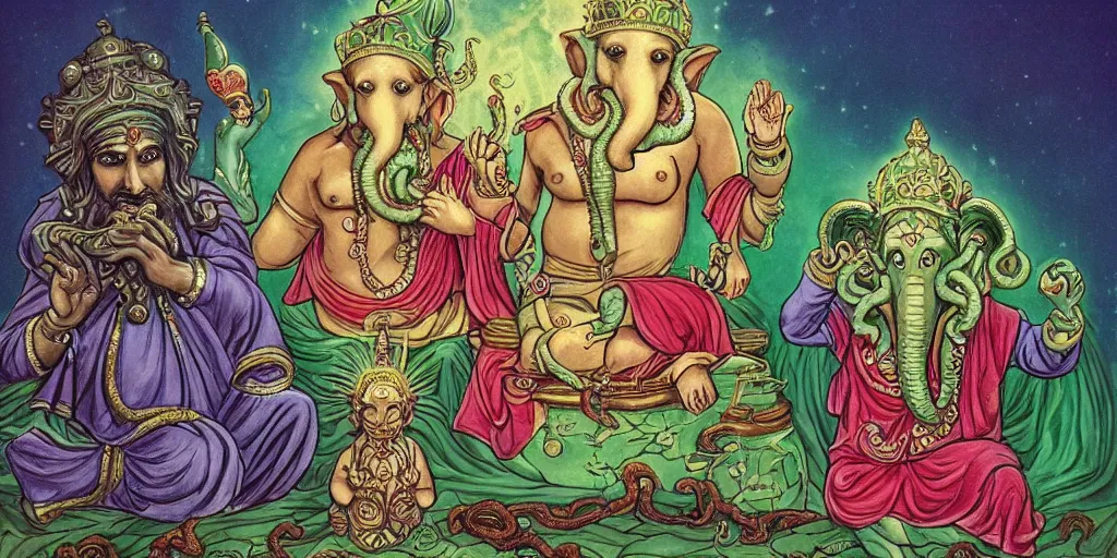 Prompt: cute cthulhu, ganesh and jesus inside the palace of pondering, looking for the answers to life's greatest riddles