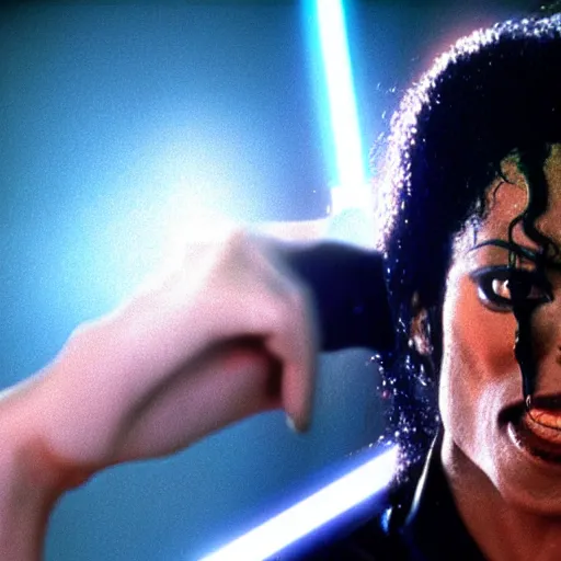 Prompt: a 80s film still of Michael Jackson as a Jedi in Star Wars, shallow depth of field, split lighting