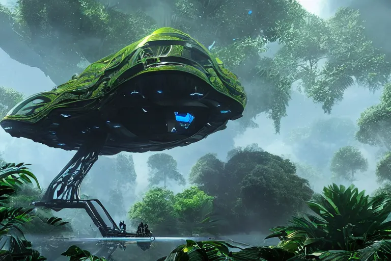 Prompt: big alien space ship flying in the tropical jungle, award winning, trending on artstation, unreal engine