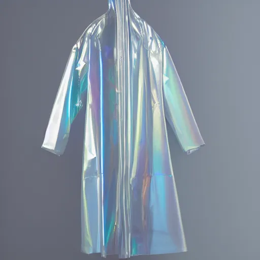 Image similar to an ultra high definition professional studio quality photograph of a transparent iridescent perspex pastel coloured raincoat on a white coat hook in an empty white room. dramatic lighting, ray tracing, refraction, shallow d. o. f, colour corrected, golden ratio, three point light.