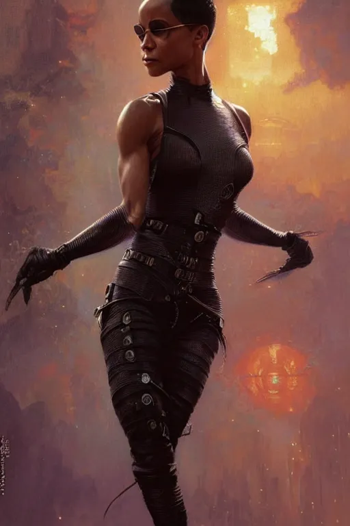 Image similar to young jada pinkett smith from the matrix profile picture by Greg Rutkowski, dynamic pose, afro futurism, intricate, futuristic, fantasy, elegant, by Stanley Artgerm Lau, greg rutkowski, thomas kindkade, alphonse mucha, loish, norman Rockwell,