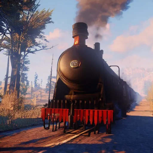 Image similar to futuristic sleek steam locomotive in red dead redemption 2