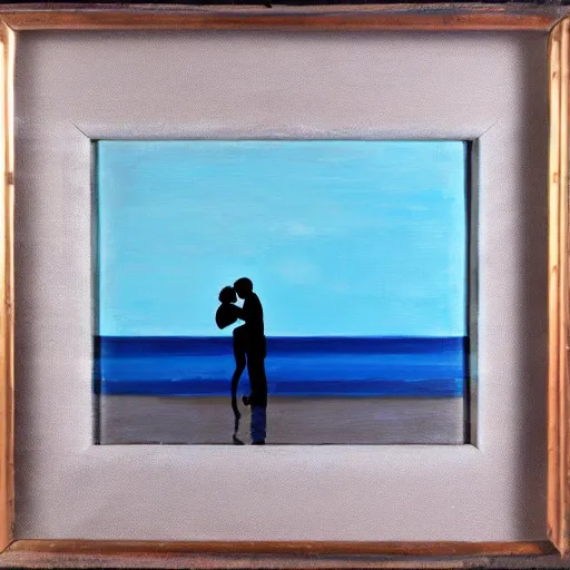 Image similar to silhouette of a couple hugging on a beach, blue tint, expressionist, oil on canvas