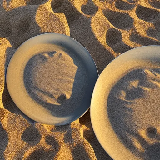 Image similar to distorted woks, placed on a sandy beach, with ocean in the background, photorealistic, 8k