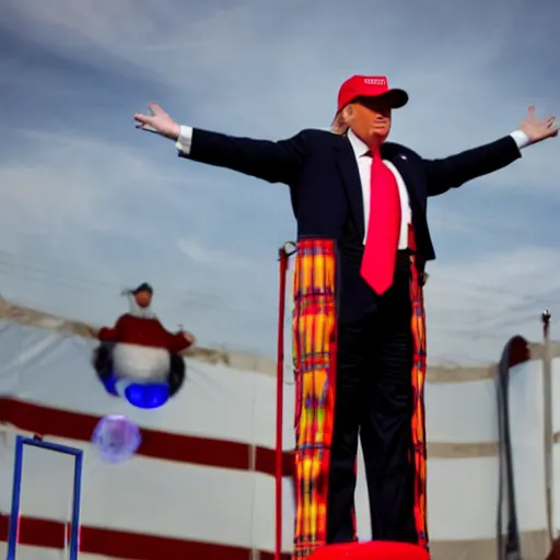 Prompt: Donald trump tallest man in the world being showed off at a circus