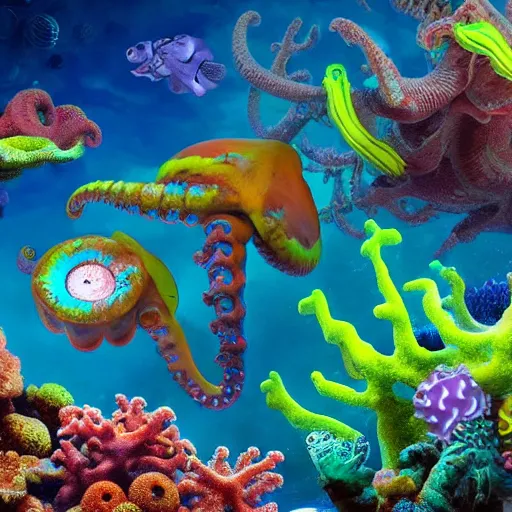 Image similar to a group of cephalopod - like alien creatures swim through a vividly colorful complex diverse bright dense coral reef in the ocean of an alien world, coral, coral reef, sealife, alien oceans, alien worlds, 4 k resolution, ultra realistic, hyperdetailed, photorealism, trending on artstation