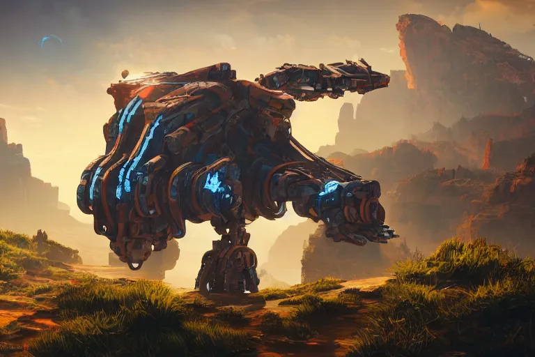 Image similar to rockbreaker machine mecanical creature robot of horizon forbidden west horizon zero dawn radiating a glowing aura global illumination ray tracing hdr fanart arstation by ian pesty and alena aenami artworks in 4 k