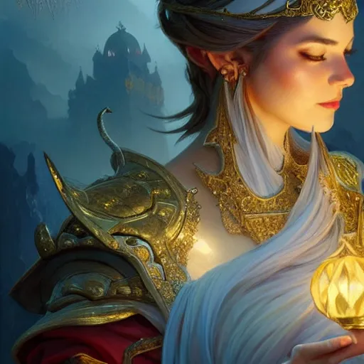 Image similar to (((((magic lamp))))), closeup, D&D, fantasy, intricate, elegant, highly detailed, digital painting, artstation, concept art, matte, sharp focus, illustration, hearthstone, art by Artgerm and Greg Rutkowski and Alphonse Mucha