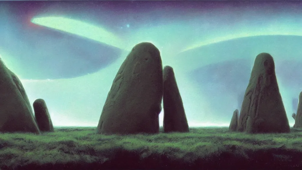 Image similar to mysterious megaliths of an alien civilization by paul lehr and john schoenherr, cinematic matte painting