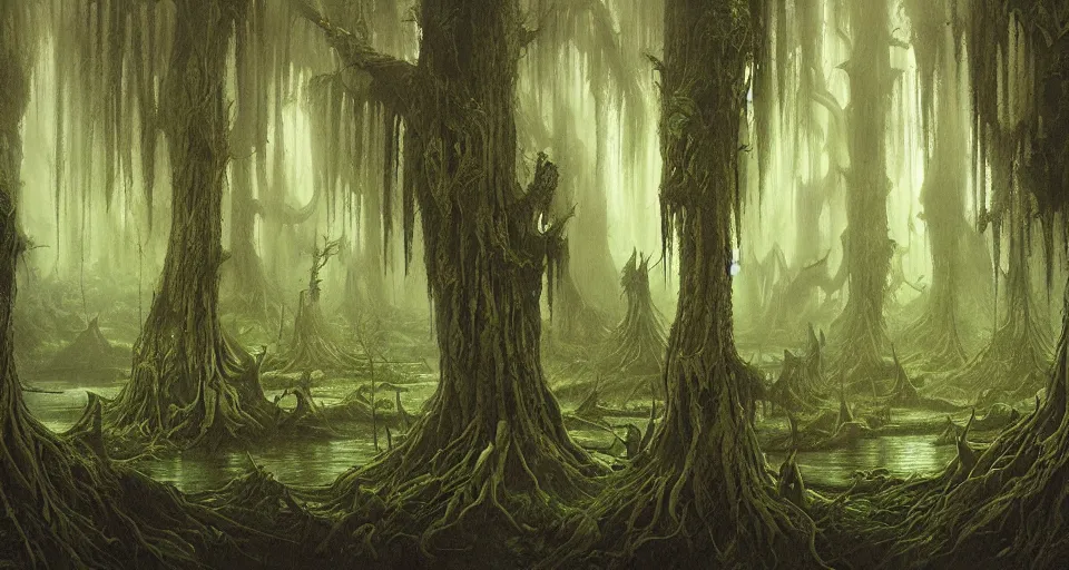 Image similar to A dense and dark enchanted forest with a swamp, by john howe